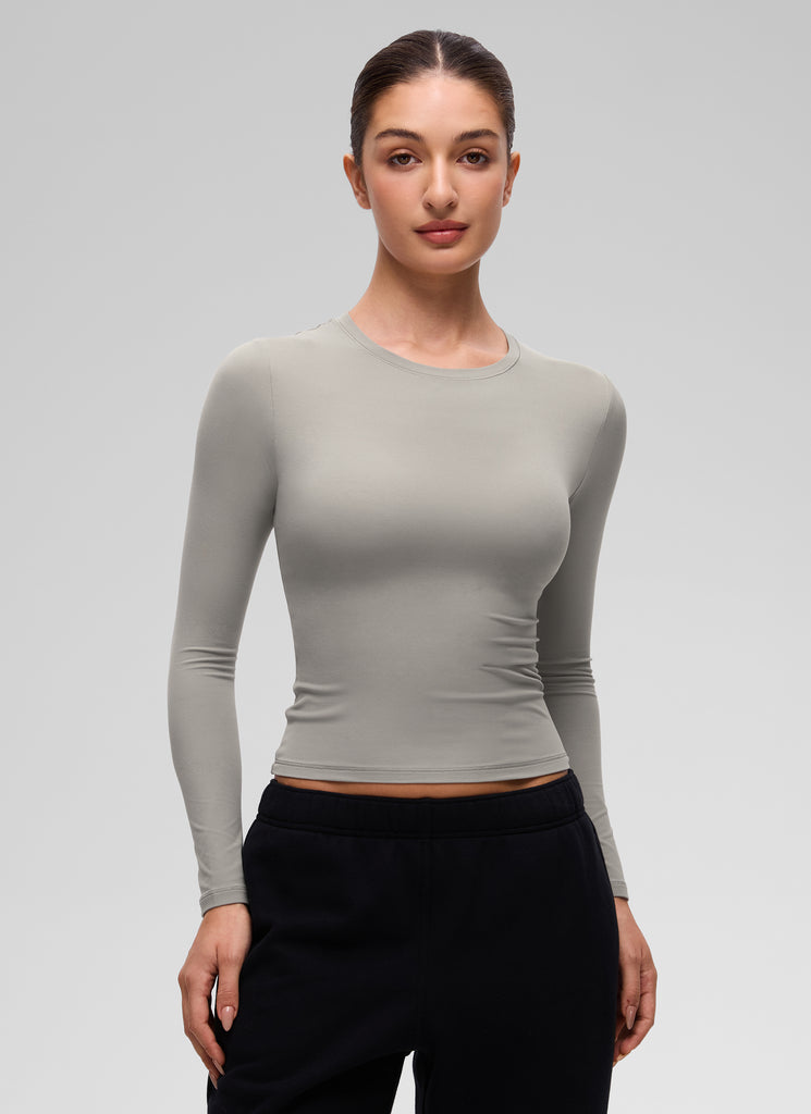 CRZ YOGA Women's Crew Neck Tight Fit Long Sleeve Shirts Casual Tee Mysterious Grey