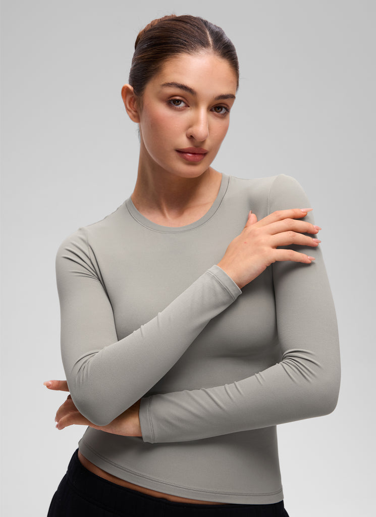 CRZ YOGA Women's Crew Neck Tight Fit Long Sleeve Shirts Casual Tee Red Merlot