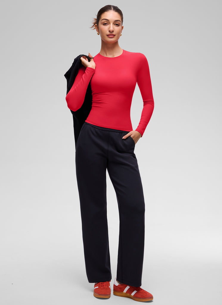 CRZ YOGA Women's Crew Neck Tight Fit Long Sleeve Shirts Casual Tee Aurora Red