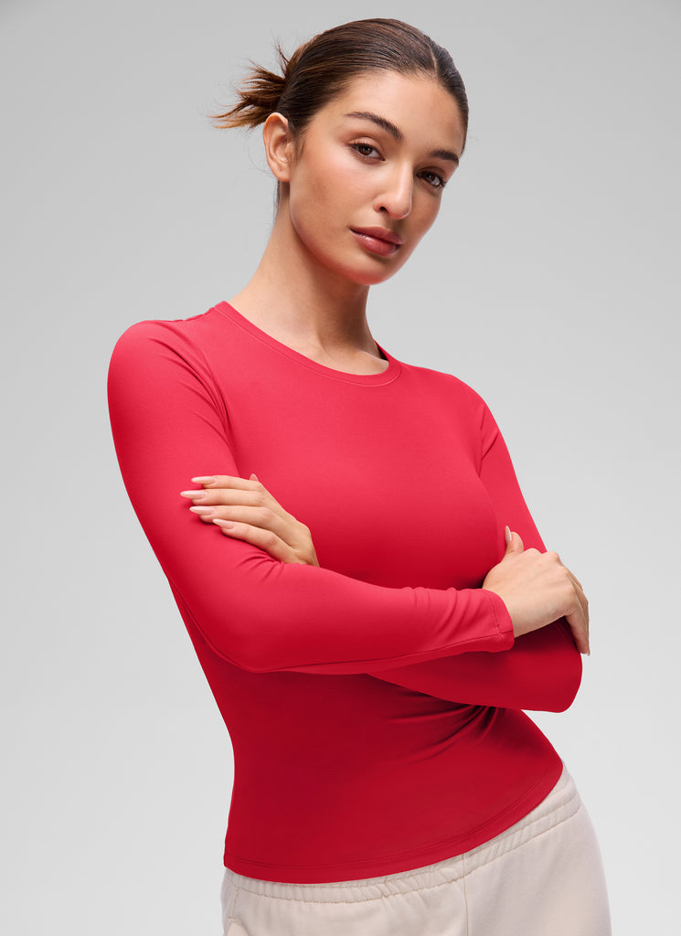 CRZ YOGA Women's Crew Neck Tight Fit Long Sleeve Shirts Casual Tee Aurora Red