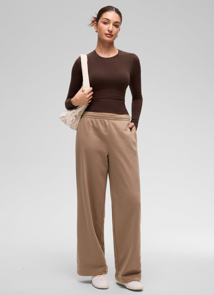 CRZ YOGA Women's Crew Neck Tight Fit Long Sleeve Shirts Casual Tee Lava Brown