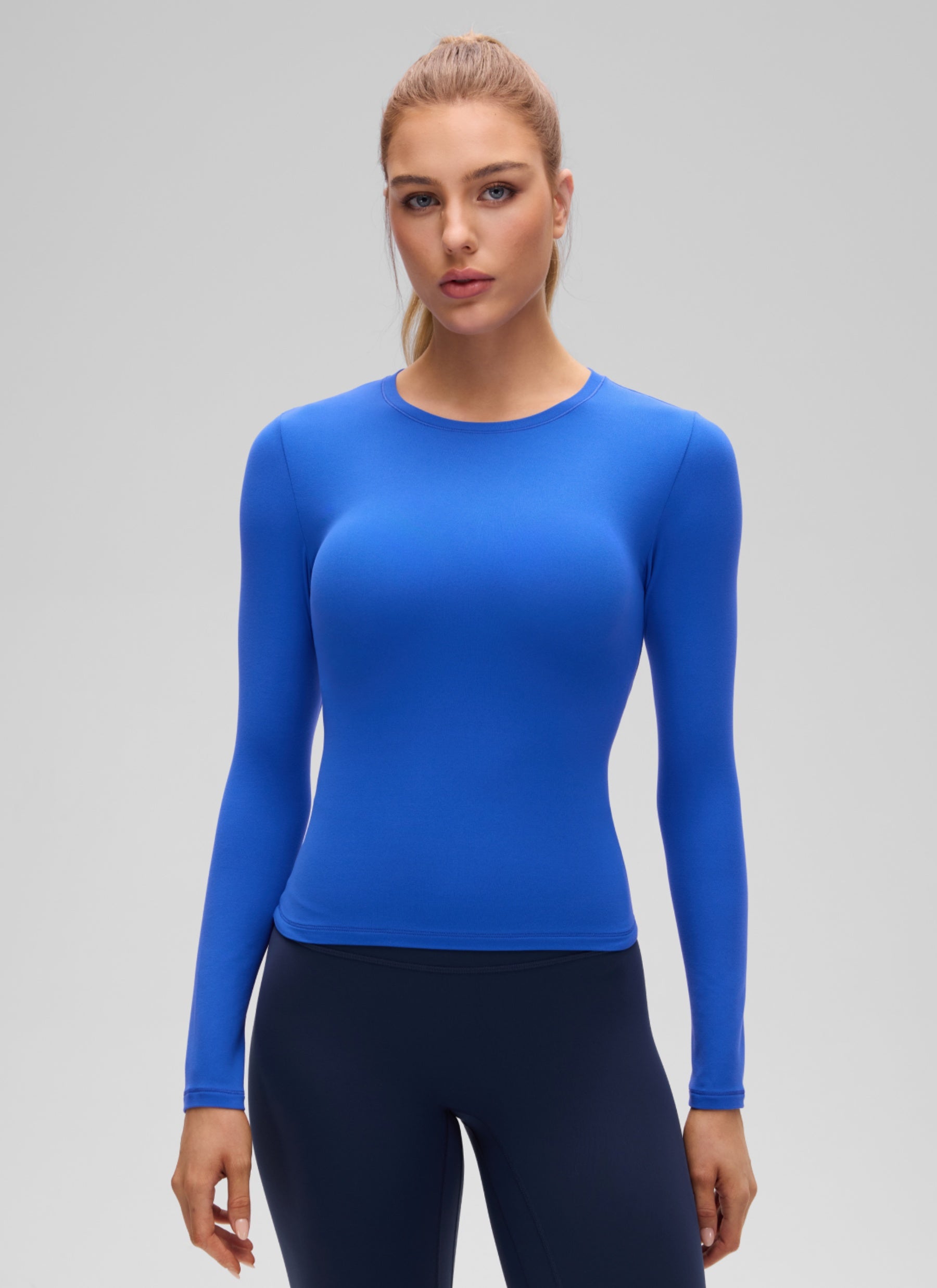 CRZ YOGA Women's Crew Neck Tight Fit Long Sleeve Shirts Casual Tee Sparkle Blue