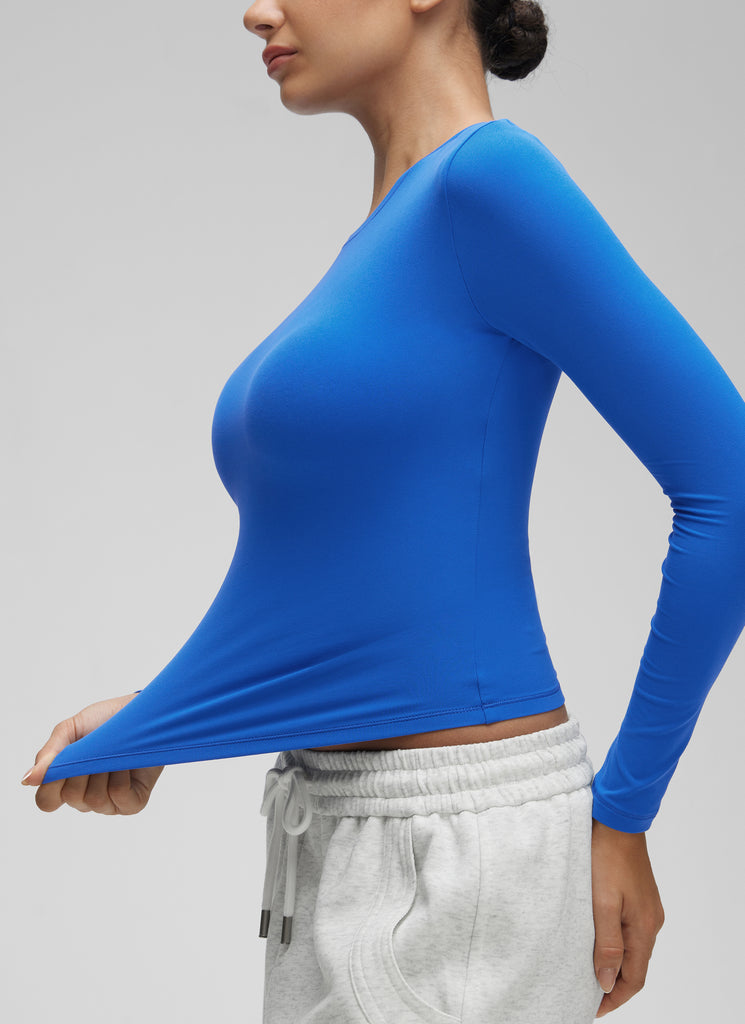 CRZ YOGA Women's Crew Neck Tight Fit Long Sleeve Shirts Casual Tee White