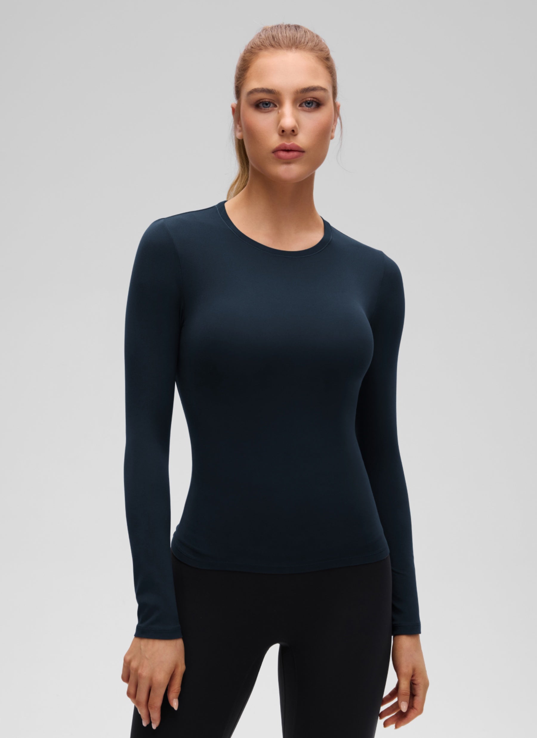 CRZ YOGA Women's Crew Neck Tight Fit Long Sleeve Shirts Casual Tee True Navy
