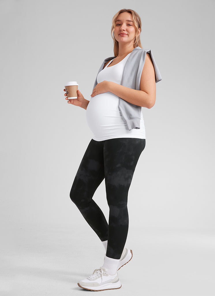 CRZ YOGA Women's Maternity Leggings Super High Rise Butterluxe 25'' Black Tie Dye Flowers