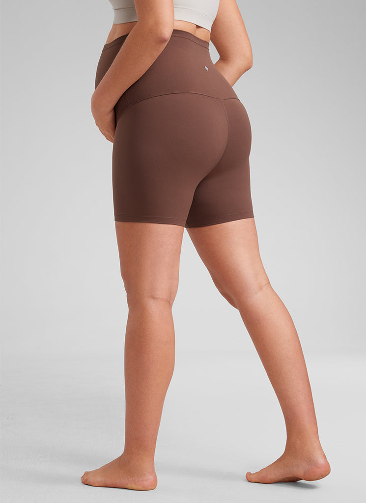 CRZ YOGA Women's Maternity Biker Shorts Super High Rise Butterluxe 4'' Coffee Brown