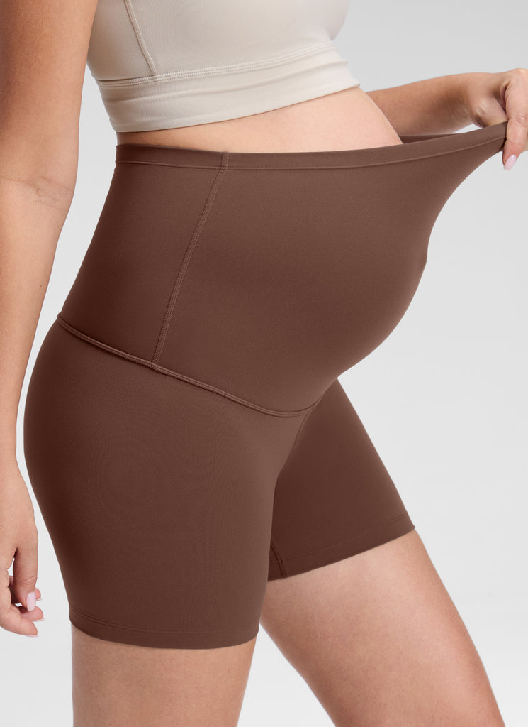 CRZ YOGA Women's Maternity Biker Shorts Super High Rise Butterluxe 4'' Coffee Brown