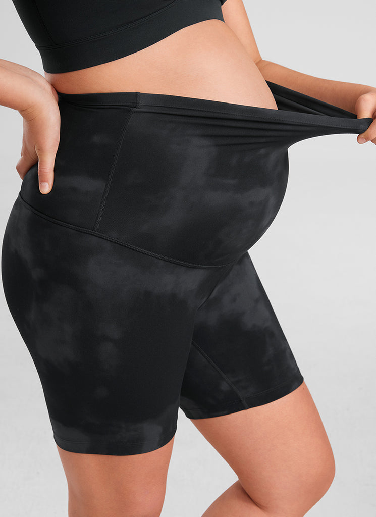 CRZ YOGA Women's Maternity Biker Shorts Super High Rise Butterluxe 6'' Black Tie Dye Flowers