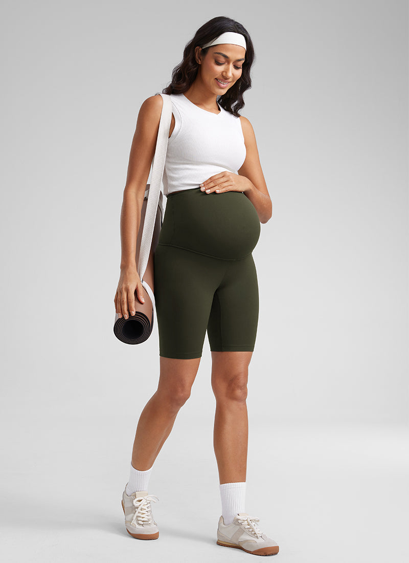 CRZ YOGA Women's Maternity Biker Shorts Super High Rise Butterluxe 8'' Olive Green