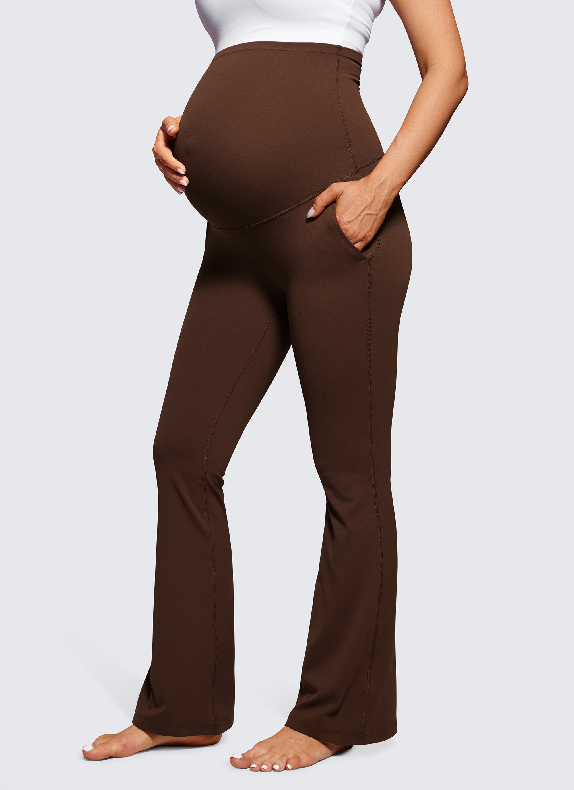 CRZ YOGA Women's Maternity Flare Leggings Pockets Butterluxe 31'' Coffee Brown