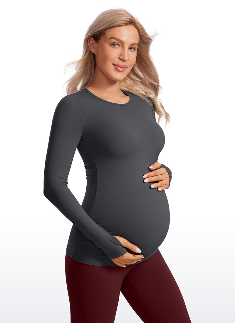 CRZ YOGA Women Butterluxe Long Sleeve Maternity Crewneck Pregnancy Top Taupe