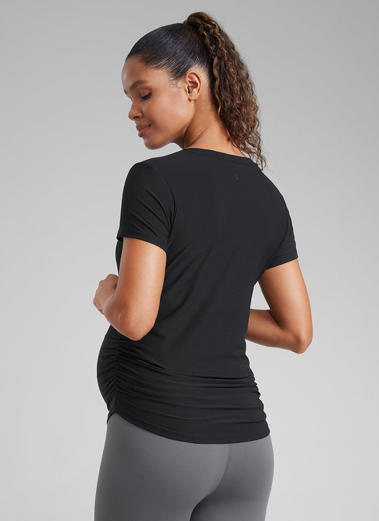 CRZ YOGA Women's Maternity Casual Shirts Short Sleeve Side Ruched Tops Black