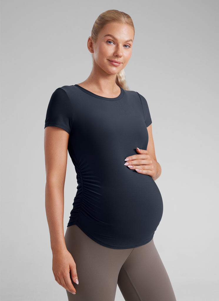 CRZ YOGA Women's Maternity Casual Shirts Short Sleeve Side Ruched Tops Coffee Brown