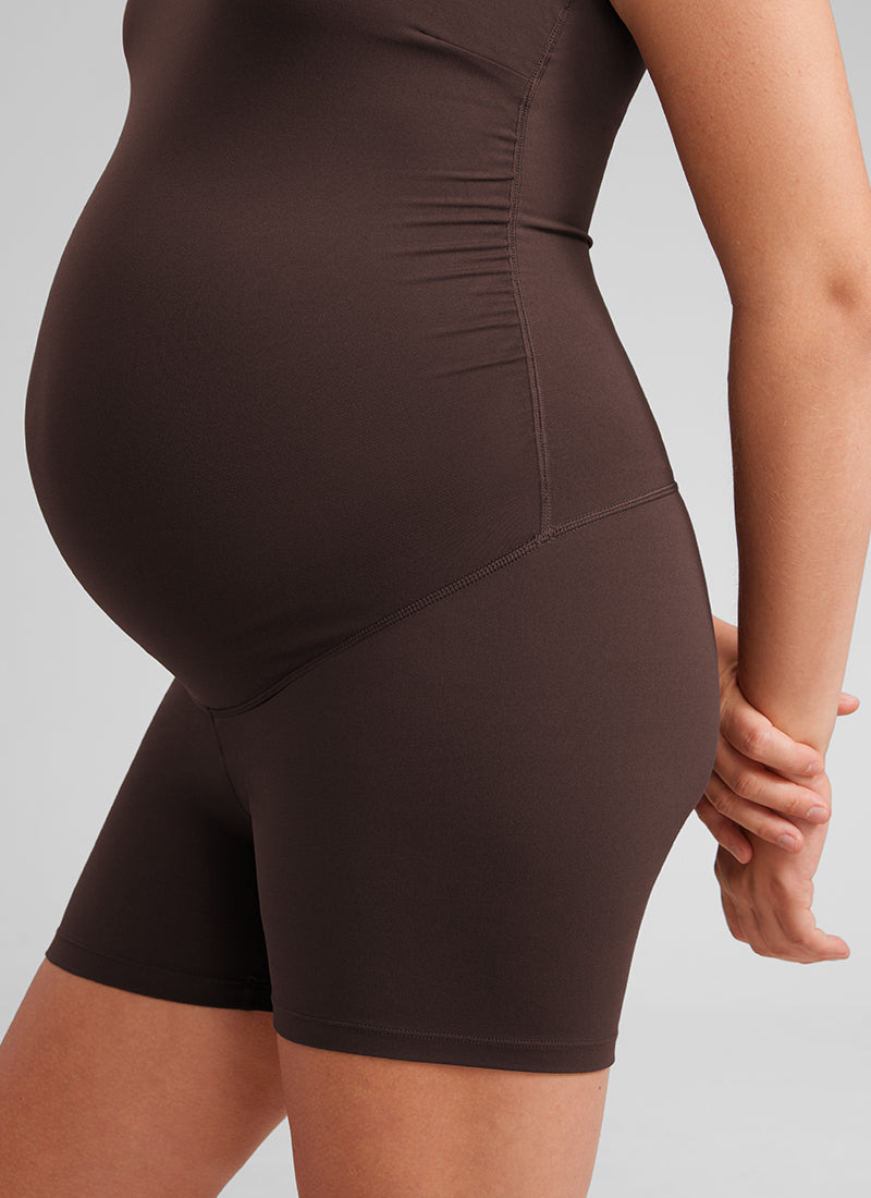 CRZ YOGA Women's Maternity Yoga Tight Fit Romper Shorts Bodysuits Hot Fudge Brown