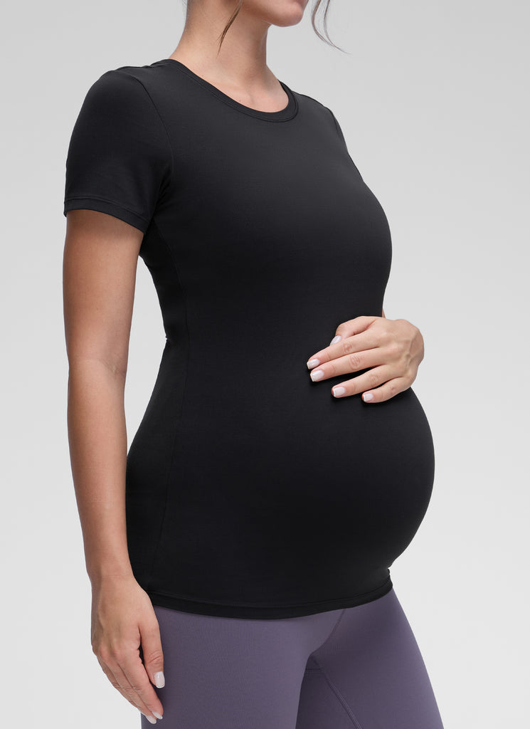 CRZ YOGA Women Casual Slim Fit Maternity Short Sleeves Crew Neck Black