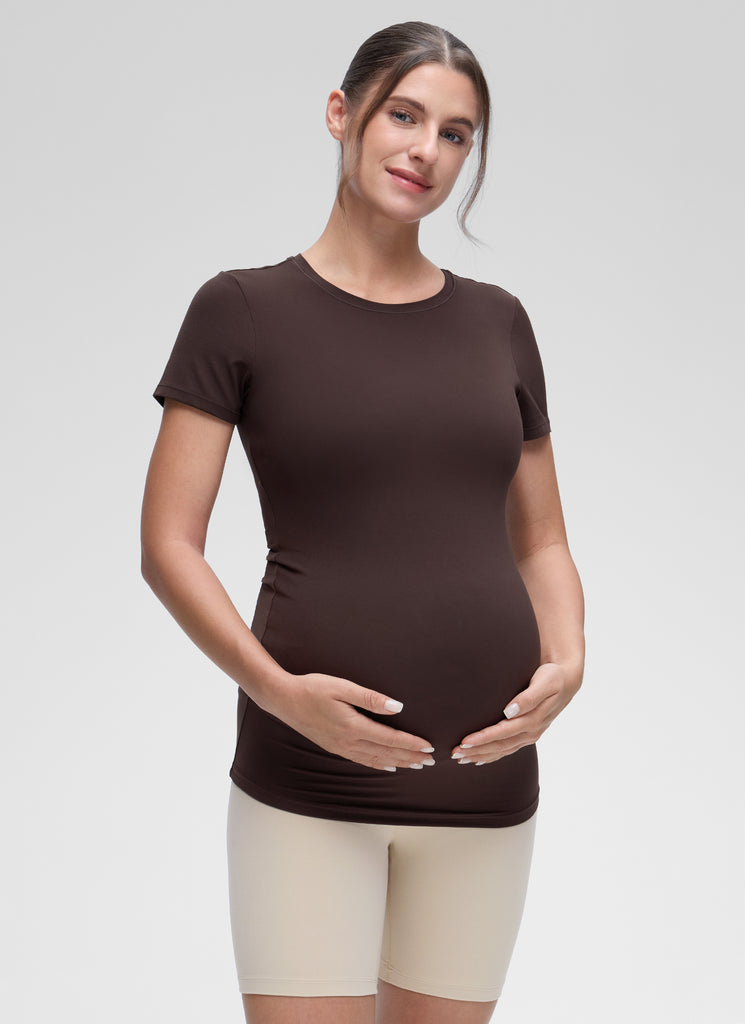 CRZ YOGA Women Casual Slim Fit Maternity Short Sleeves Crew Neck Hot Fudge Brown