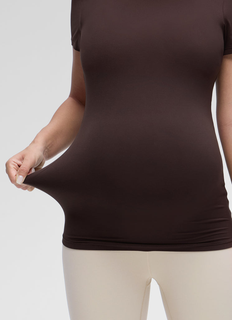 CRZ YOGA Women Casual Slim Fit Maternity Short Sleeves Crew Neck Hot Fudge Brown