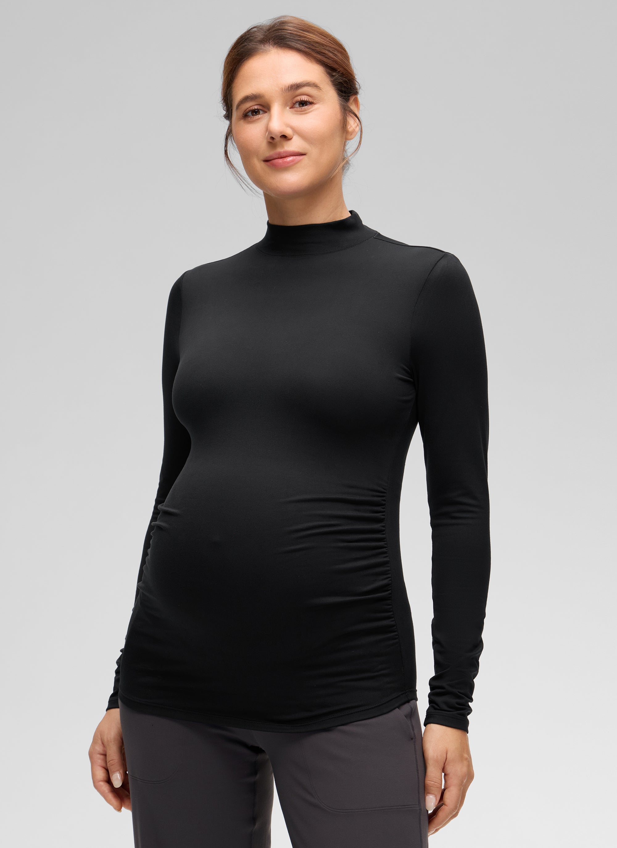 CRZ YOGA Women's Cloud Jersey Maternity Casual Mock Neck Ruched Shirt Black