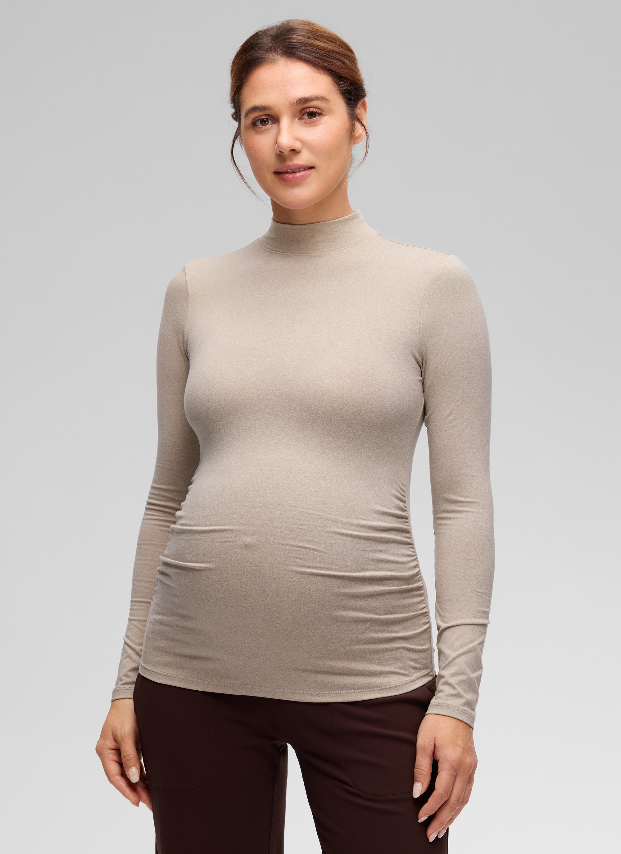 CRZ YOGA Women's Cloud Jersey Maternity Casual Mock Neck Ruched Shirt Mojave Tan