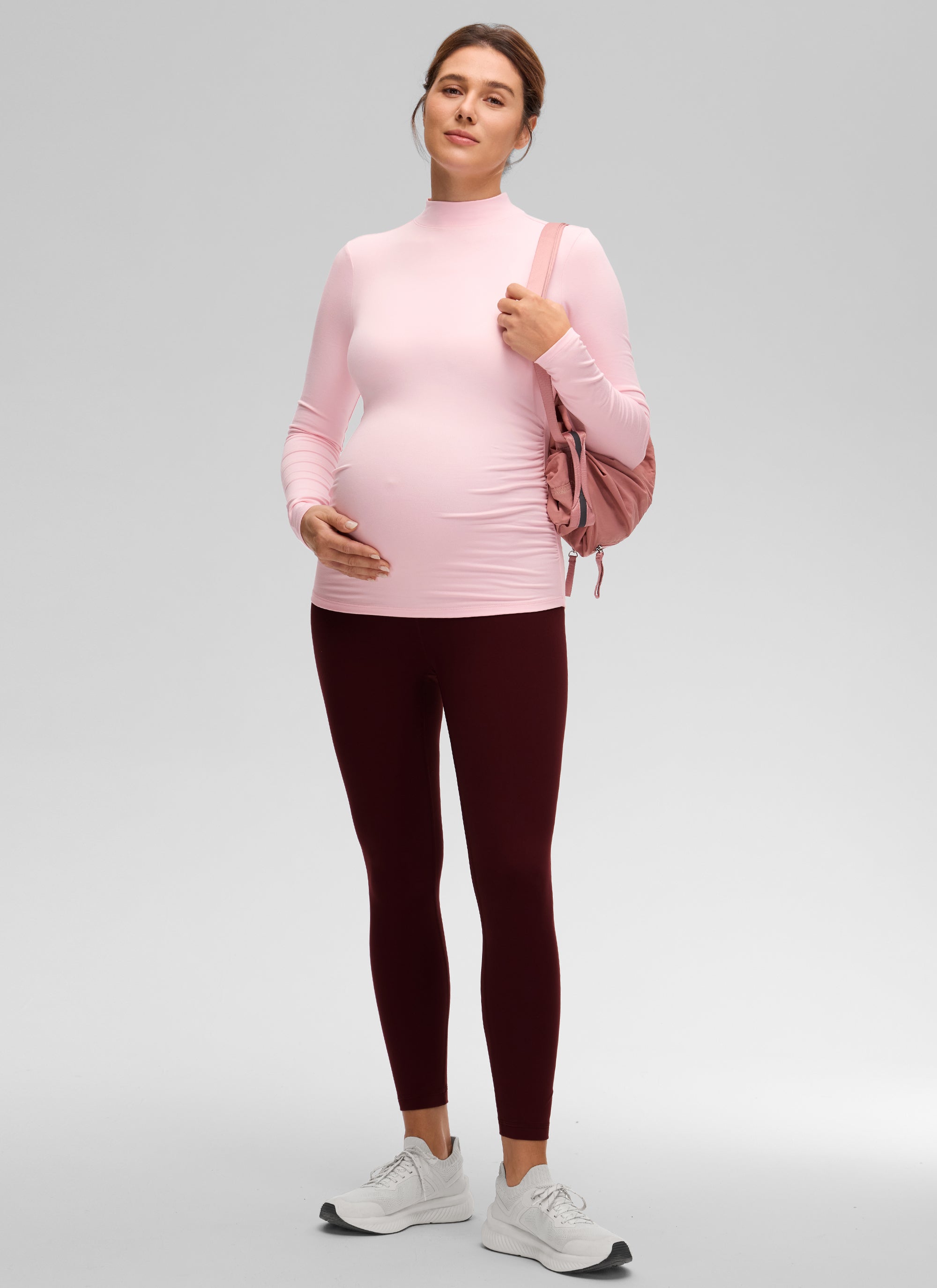 CRZ YOGA Women's Cloud Jersey Maternity Casual Mock Neck Ruched Shirt Strawberry Pink