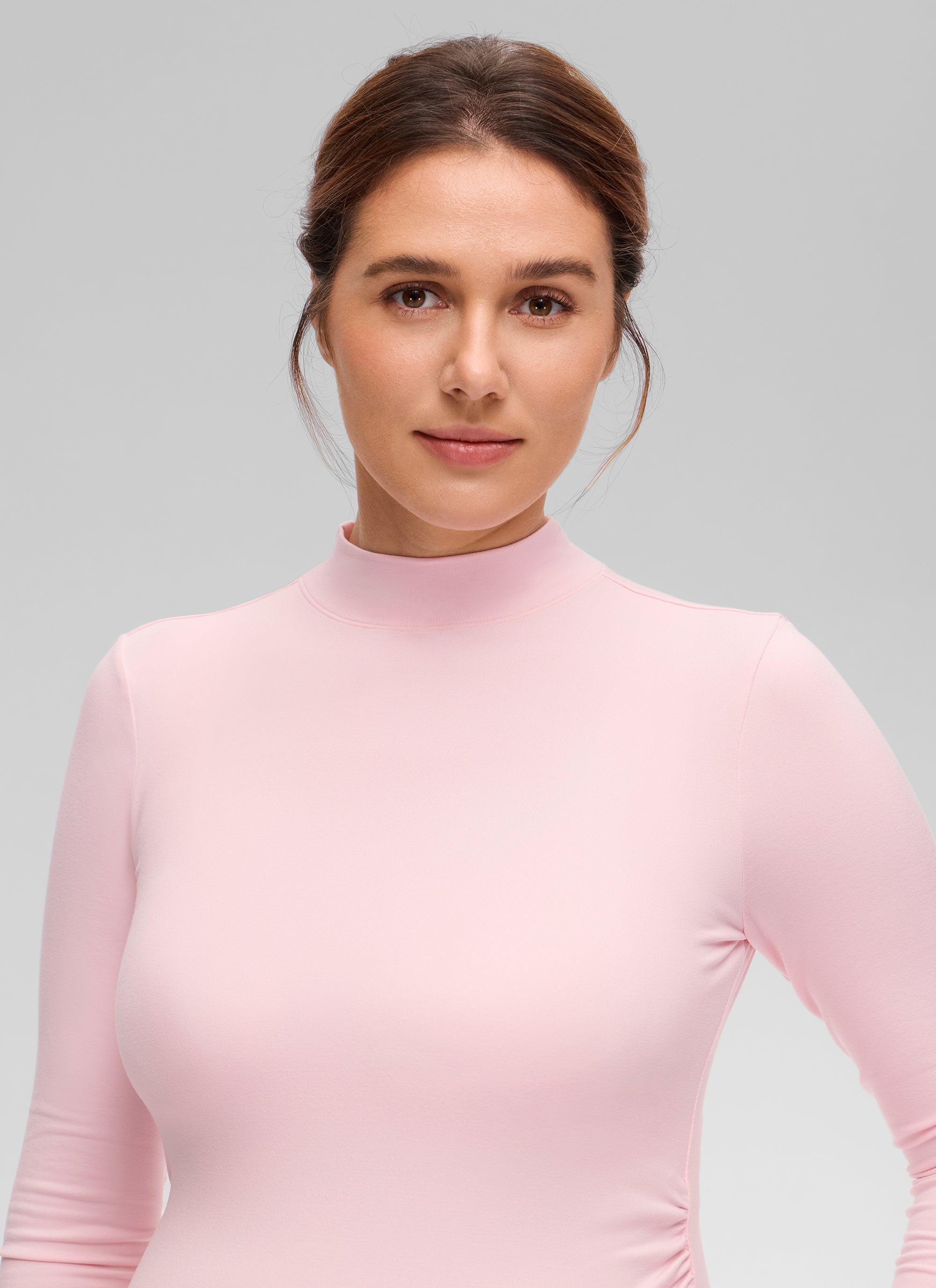 CRZ YOGA Women's Cloud Jersey Maternity Casual Mock Neck Ruched Shirt Strawberry Pink