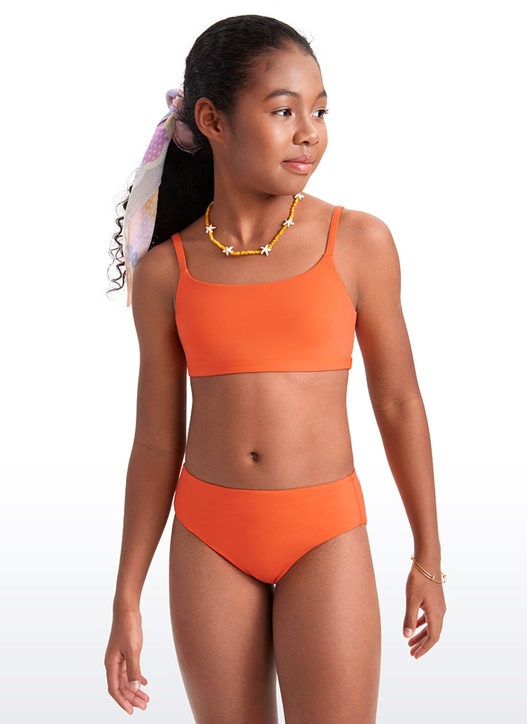 CRZ YOGA Girls Swim Bikini Set Scoop Neck Mid Rise Bottom Swimsuit Coral